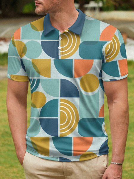 

Mid Century Pattern Button Short Sleeve Polo Shirt, Cyan, Polo Shirts
