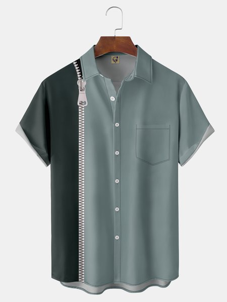 

Zipper Chest Pocket Short Sleeve Shirt, Green, Men Shirts