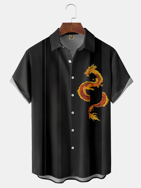 

Ukiyo-e Dragon Chest Pocket Short Sleeve Shirt, Black, Men Shirts