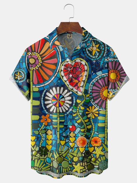 

Floral Chest Pocket Short Sleeve Hawaiian Shirt, Blue, Men Shirts