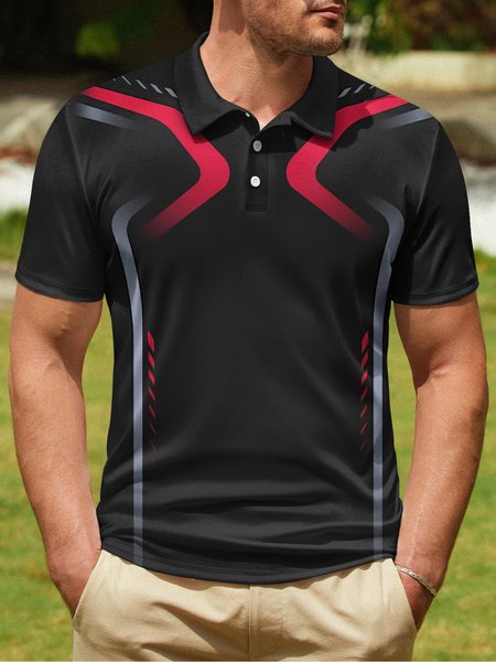 

Geometric Color Block Button Short Sleeve Polo Shirt, Black, Polo Shirts