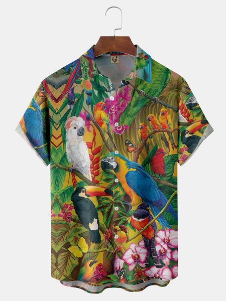 

Parrot Chest Pocket Short Sleeve Hawaiian Shirt, Green, Men Shirts