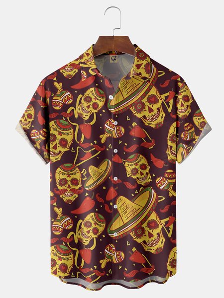 

Skull Cinco de Mayo Chest Pocket Short Sleeve Shirt, Red, Men Shirts
