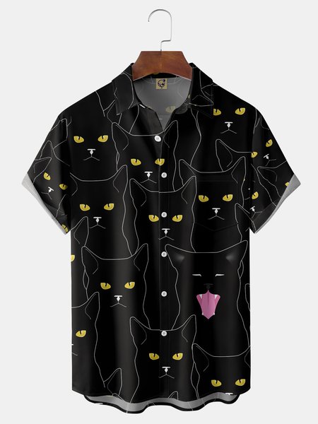 

Interesting Cat Chest Pocket Short Sleeve Shirt, Black, Men Shirts