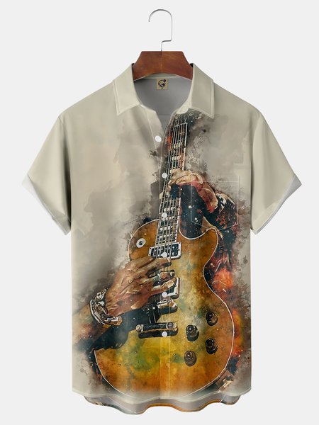 

Music Chest Pocket Short Sleeve Shirt, Khaki, Men Shirts