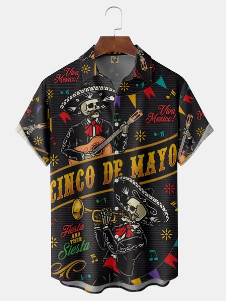 

Skull Guitar Cinco De Mayo Chest Pocket Short Sleeve Shirt, Black, Men Shirts