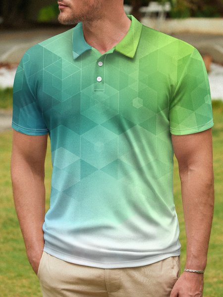 

3D Gradient Geometric Button Short Sleeve Polo Shirt, Lightgreen, Polo Shirts
