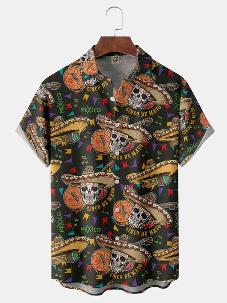 

Skull Guitar Cinco De Mayo Chest Pocket Short Sleeve Shirt, Black, Men Shirts