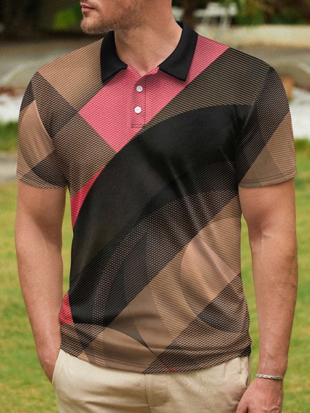 

Abstract Geometric Stripe Button Short Sleeve Polo Shirt, Brown, Polo Shirts