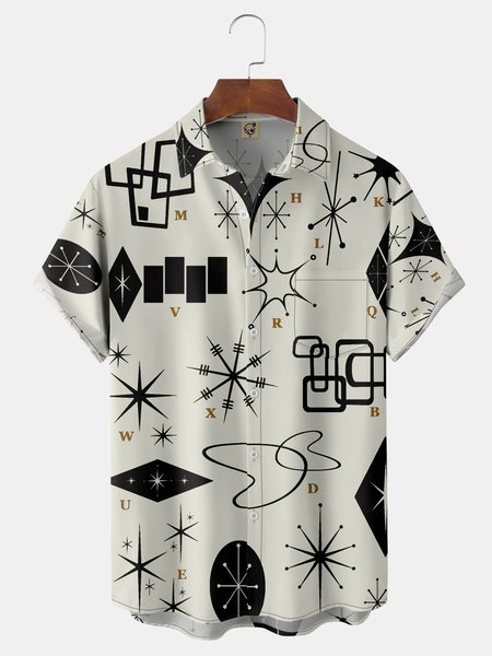 

Mid Century Pattern Chest Pocket Short Sleeve Casual Shirt, Khaki, Men Shirts