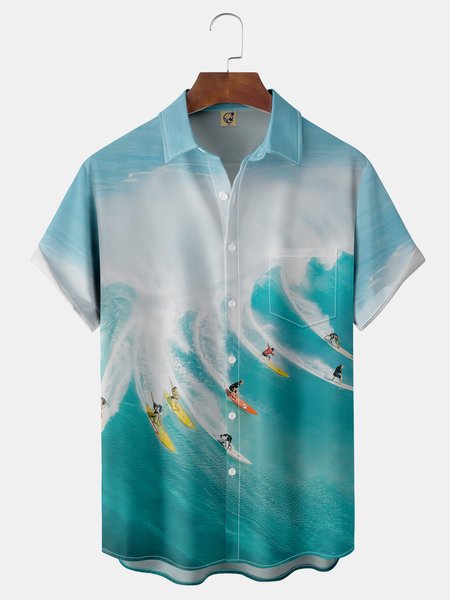 

Surfing Chest Pocket Short Sleeve Hawaiian Shirt, Blue, Men Shirts