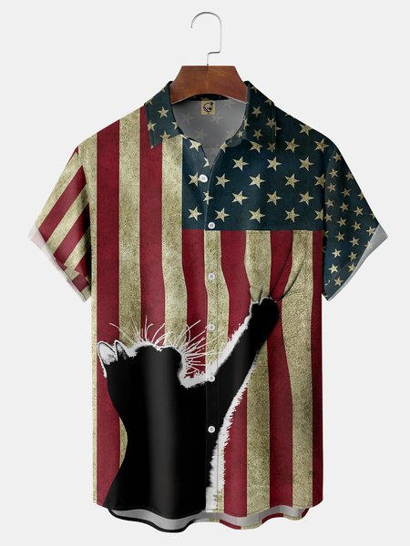

American Flag Chest Pocket Short Sleeve Casual Shirt, Black, Men Shirts