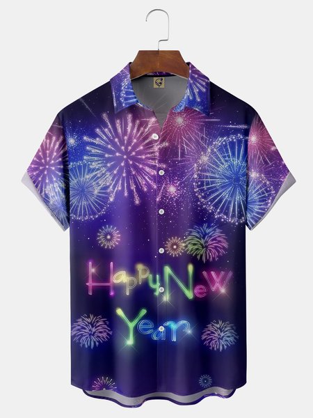 

New Year's Fireworks Chest Pocket Short Sleeve Shirt, Purple, Men Shirts