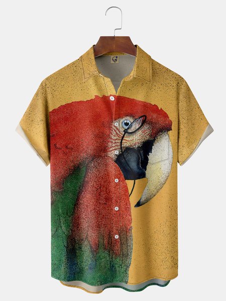 

Parrots Chest Pocket Short Sleeve Hawaiian Shirt, Yellow, Men Shirts