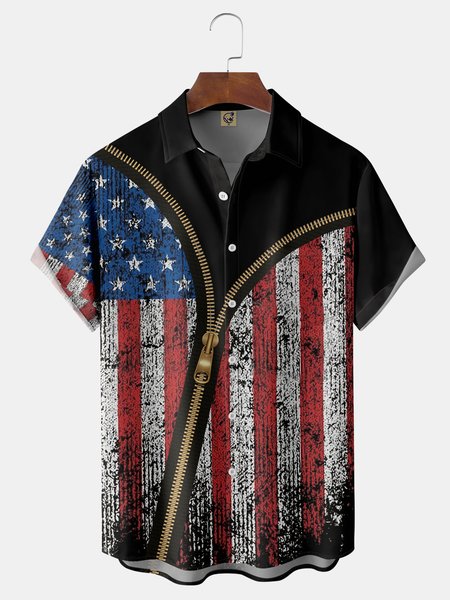 

American Flag Chest Pocket Short Sleeve Casual Shirt, Black, Men Shirts