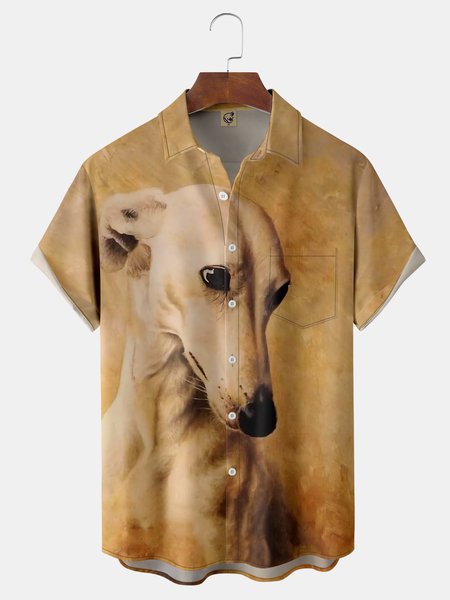 

Greyhound Chest Pocket Short Sleeve Casual Shirt, Khaki, Men Shirts