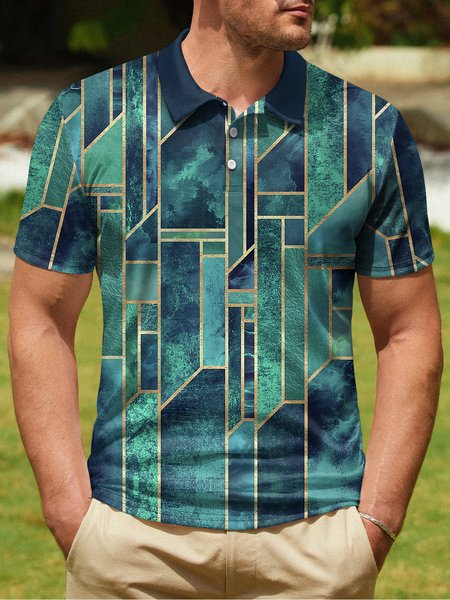 

Ombre Geometric Button Short Sleeve Polo Shirt, Green, Polo Shirts