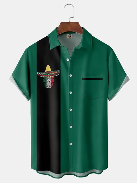 

Skull Cinco De Mayo Chest Pocket Short Sleeve Bowling Shirt, Green, Men Shirts