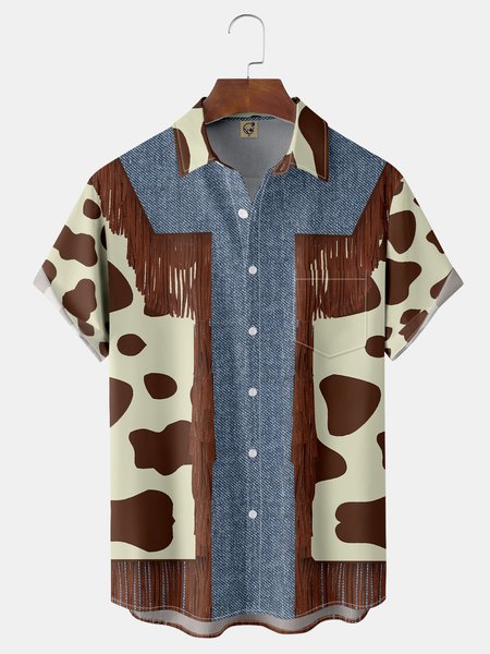 

Cow Pattern Chest Pocket Short Sleeve Western Shirt, Green, Men Shirts
