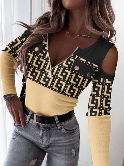 

V Neck Casual Color Block Regular Fit Top, Black-yellow, Tops