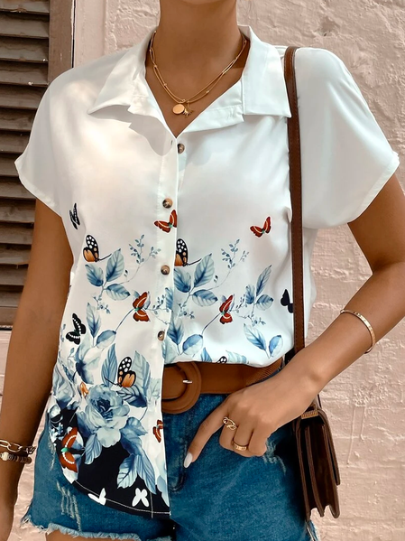 

Floral Loose Shirt Collar Boho Blouse, Blue, Shirts & Blouses