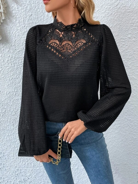 

Loose Urban Knitted Lace Top, Black, Tops