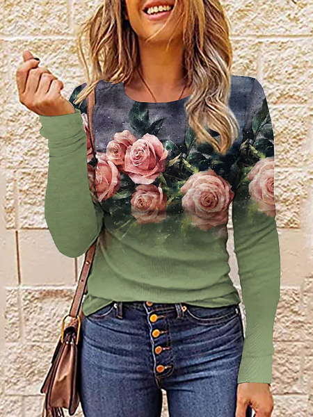

Casual Floral Cotton-Blend T-Shirt, Multicolor, T-Shirts