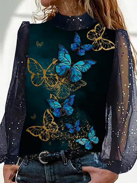 

Half Turtleneck Urban Loose Butterfly Top, Black, Tops