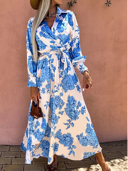 

V Neck Floral Casual Dress, Blue, Dresses