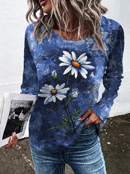 

Crew Neck Floral Boho Loose Top, Blue, Tops