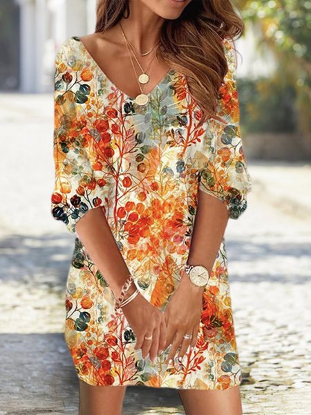

Boho V Neck Loose Floral Dress, Multicolor, Dresses
