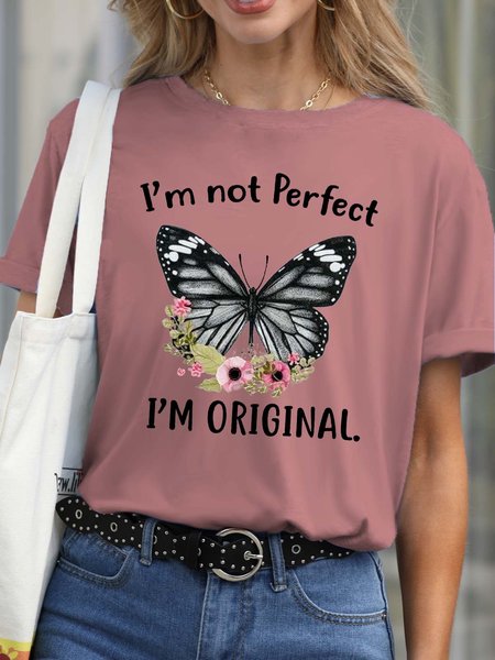 

Women's I'm Not Perfect I'm Original Print Crew Neck Letters Casual Cotton T-Shirt, Pink, T-shirts