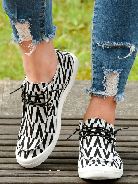 

Text Letters Graphic-Print Denim Lace-Up Canvas Flats, Black, Sneakers