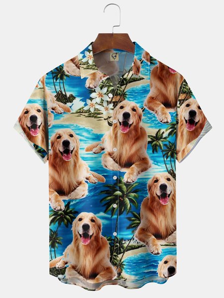 

Golden Retriever Dog Chest Pocket Short Sleeve Hawaiian Shirt, Blue, Men Shirts