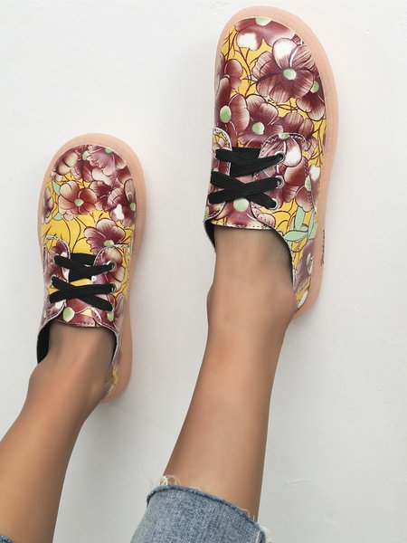 

Floral Pattern Plus Size Lace-up Front Flat Shoes, Yellow, Flats