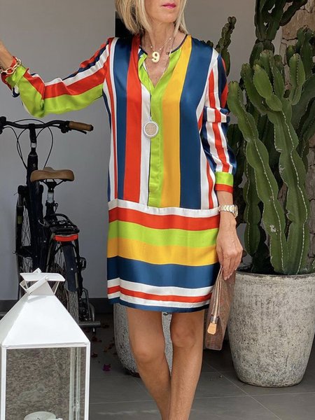 

Long sleeve Striped Elegant Crew Neck Satin Dress, Red, Mini Dresses