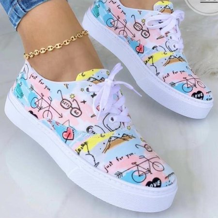 

Leopard Graphic-Print Denim Lace-Up Canvas Flats, Flower, Sneakers
