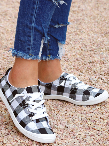 

Plaid Graphic-Print Denim Lace-Up Canvas Flats, Black grid, Sneakers