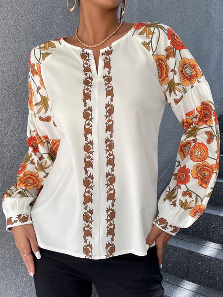 

V Neck Boho Floral Loose Blouse, Multicolor, Blouses & Shirts