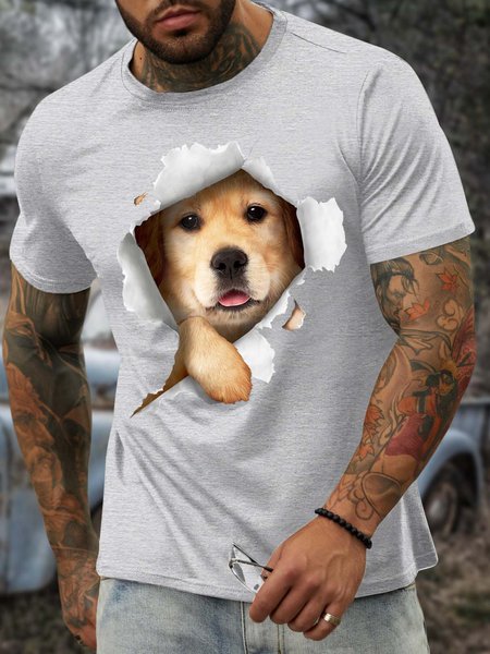 

Men’s Dog Animal Pattern Cotton Text Letters Casual T-Shirt, Light gray, T-shirts
