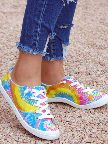 

Tie-Dye Pattern Graphic-Print Denim Lace-Up Canvas Flats, Yellow, Sneakers