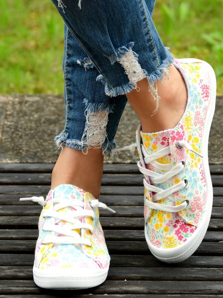

Floral Graphic-Print Denim Lace-Up Canvas Flats, Yellow, Sneakers