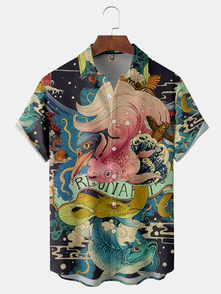 

Ukiyo-e Chest Pocket Short Sleeve Casual Shirt, Blue, Men Shirts