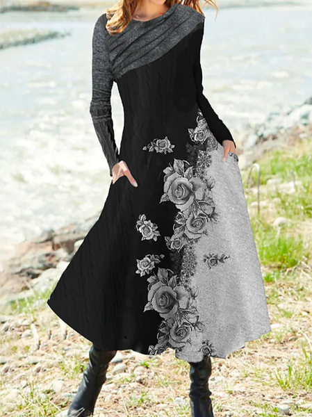 

Loose Boho Crew Neck Color Block Floral Dress, Black, Dresses