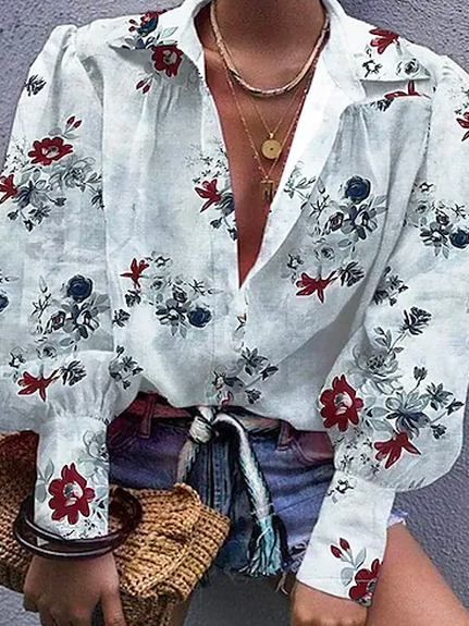 

Floral Loose Casual Shirt Collar Blouse, White, Blouses & Shirts