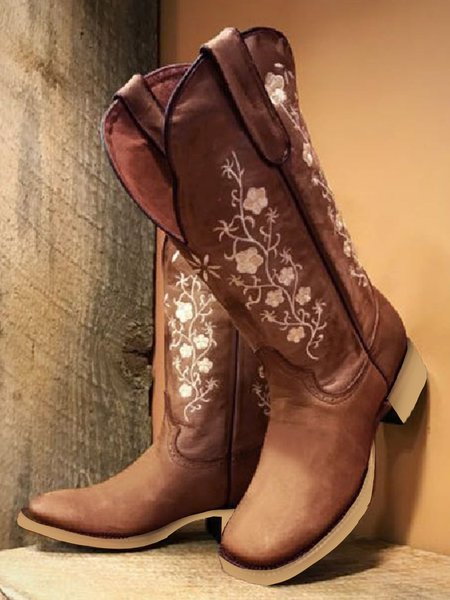 

Square Toe Embroidered Western Cowboy Boots Chunky Heel Boots, Brown, Boots