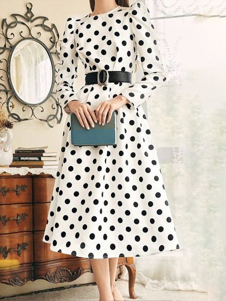 

Long sleeve Crew Neck Elegant Polka Dots Dress, Off white, Midi Dresses