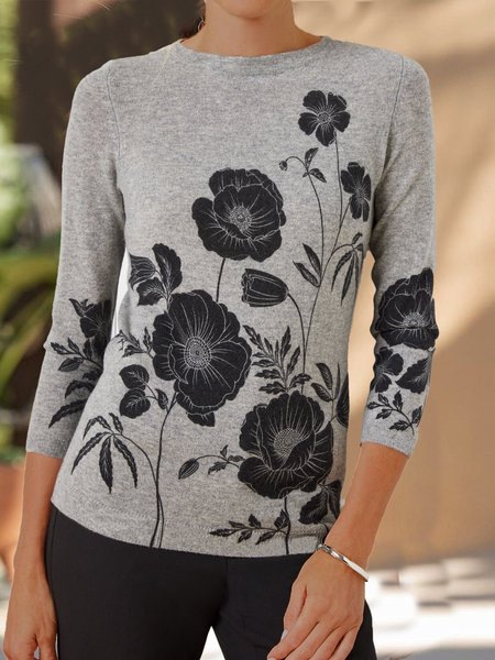 

Casual Crew Neck Cotton-Blend T-Shirt, Gray, Tops