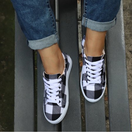 

Plaid Graphic-Print Canvas Flat Shoes, Gray, Sneakers
