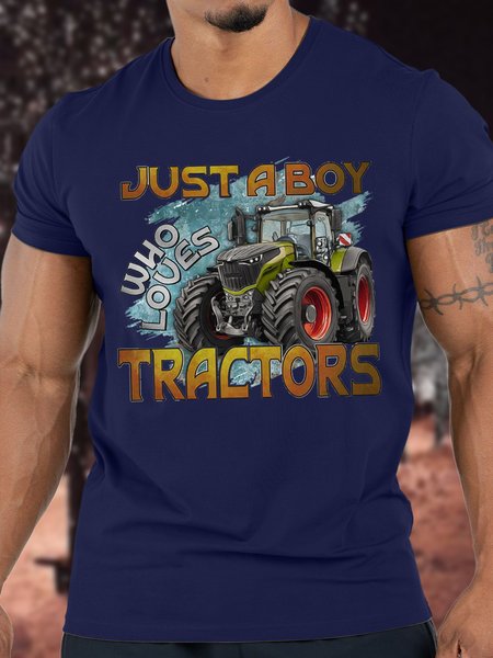 

Men's Just A Boy Who Loves Tractors Funny Graphic Print Casual Loose Cotton Text Letters T-Shirt, Purplish blue, T-shirts